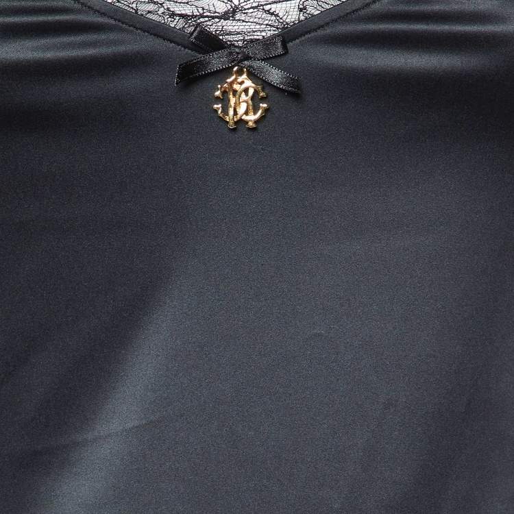 Pre Owned Roberto Cavalli Black Satin Lace Trim V-Neck Top M
