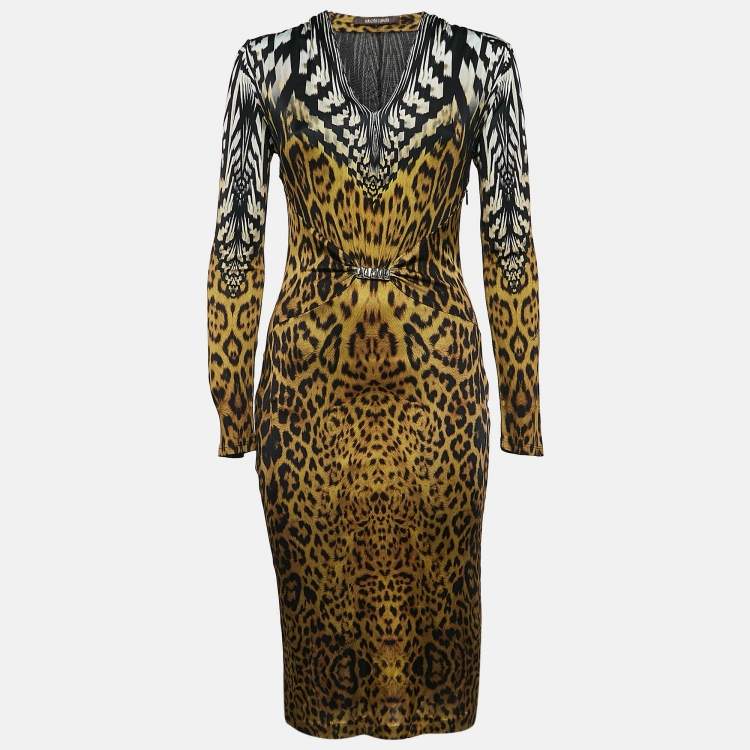 Pre Owned Roberto Cavalli Black Leopard Print V-Neck Midi Dress M