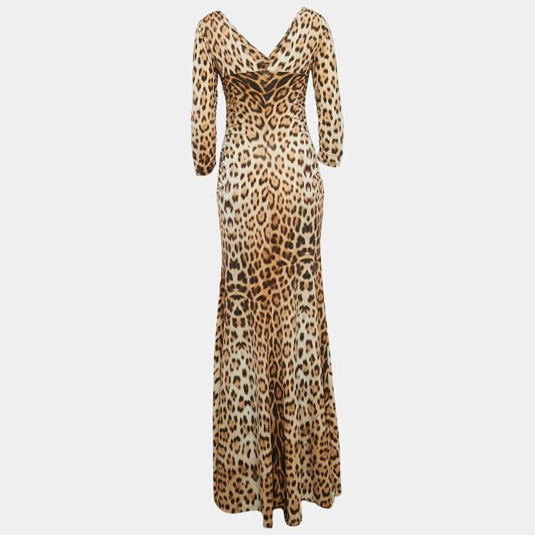 Pre Owned Roberto Cavalli Brown Leopard Print Jersey Ruched Maxi Dress S