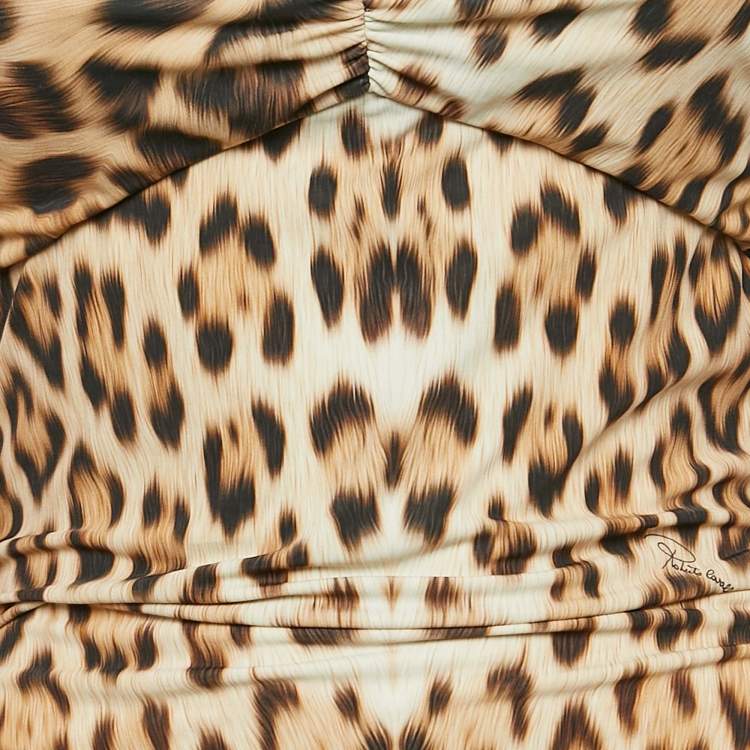 Pre Owned Roberto Cavalli Brown Leopard Print Jersey Ruched Maxi Dress S