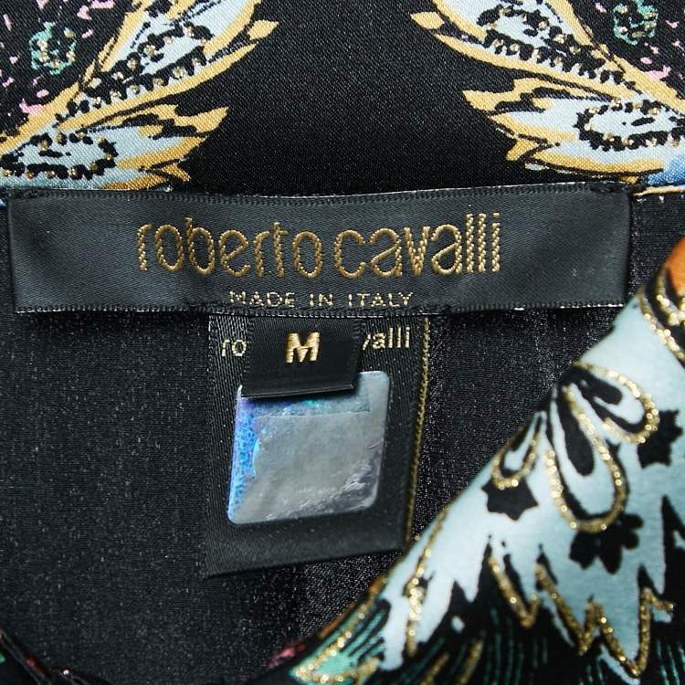 Pre Owned Roberto Cavalli Vintage Black Printed Silk Full Sleeve Shirt M