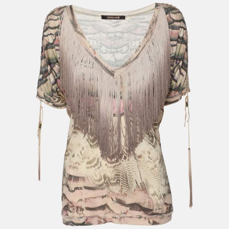 Pre Owned Roberto Cavalli Multicolor Printed Silk Fringed Neckline V-Neck Top XL