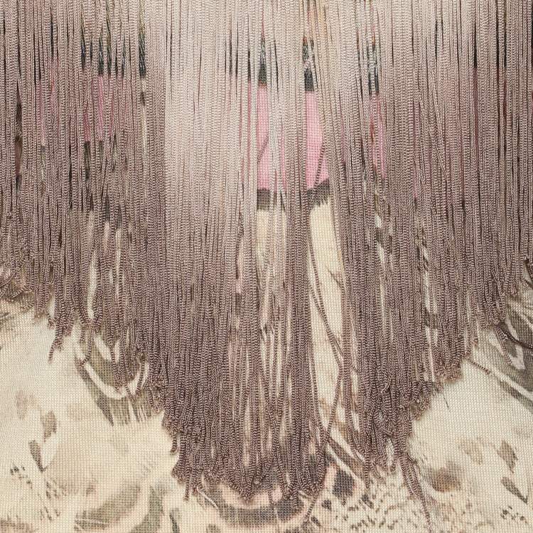 Pre Owned Roberto Cavalli Multicolor Printed Silk Fringed Neckline V-Neck Top XL