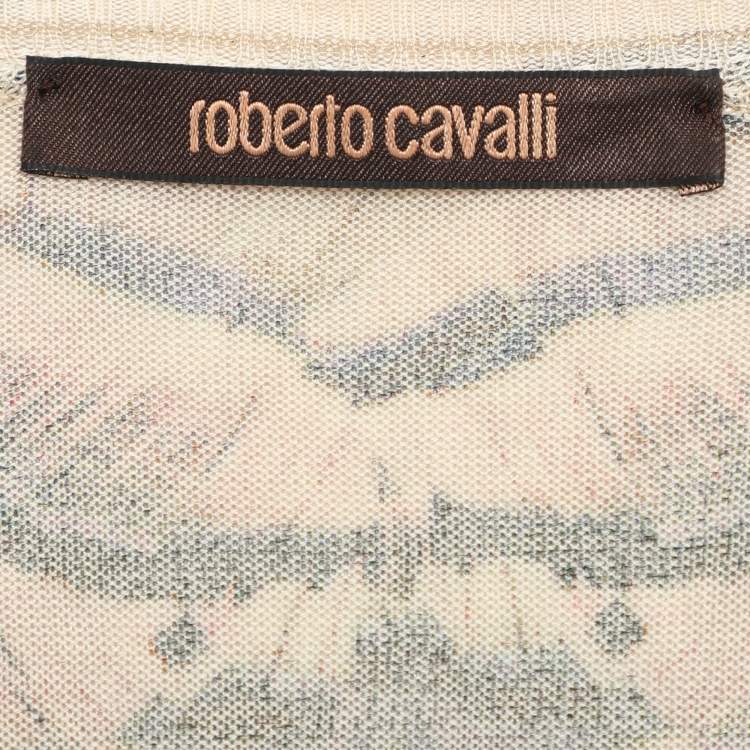 Pre Owned Roberto Cavalli Multicolor Printed Silk Fringed Neckline V-Neck Top XL