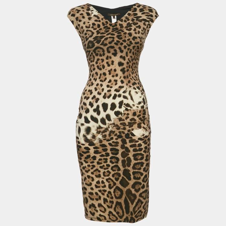 مملوكة مسبقًا Roberto Cavalli Brown Animal Print Jersey Bodycon Short Dress S