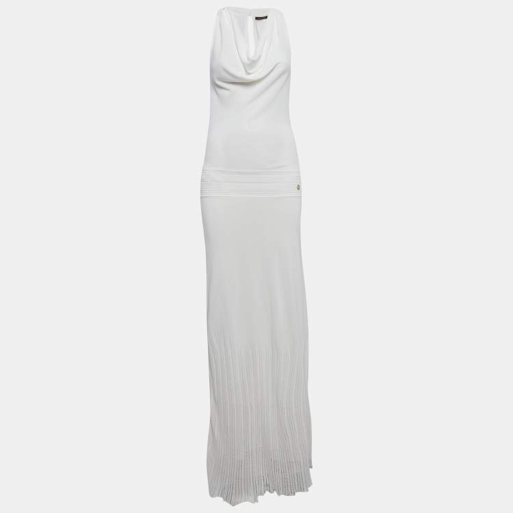 Pre Owned Roberto Cavalli White Pointelle Knit Cowl Neck Maxi Dress S