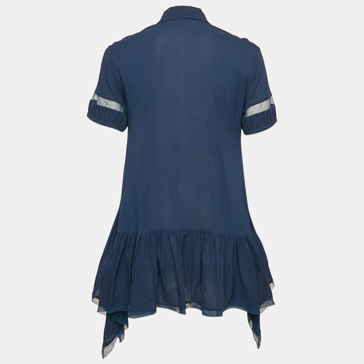 مملوكة مسبقًا Roberto Cavalli Blue Mesh Insert Silk Gathered Asymmetric Shirt S