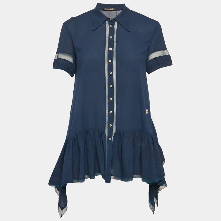مملوكة مسبقًا Roberto Cavalli Blue Mesh Insert Silk Gathered Asymmetric Shirt S
