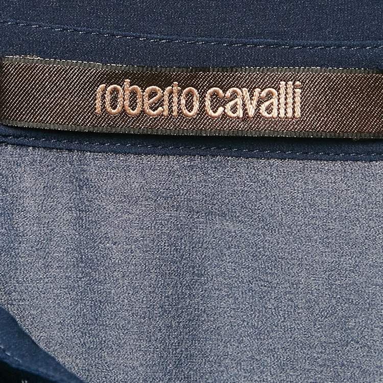 مملوكة مسبقًا Roberto Cavalli Blue Mesh Insert Silk Gathered Asymmetric Shirt S