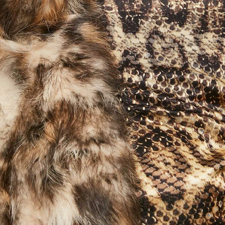 Pre Owned Roberto Cavalli Multicolor Reptile Print Fur Neck Tie-Up Maxi Dress M