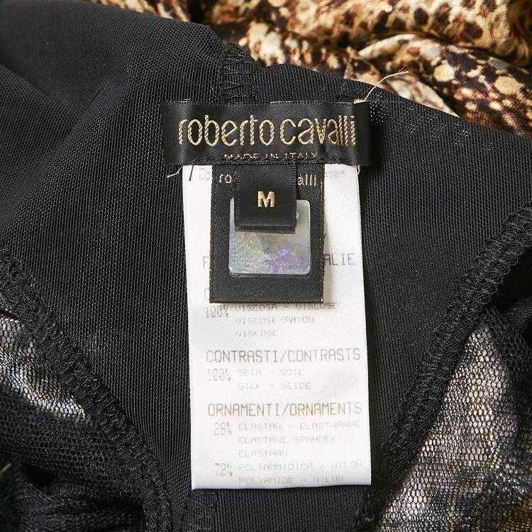 Pre Owned Roberto Cavalli Multicolor Reptile Print Fur Neck Tie-Up Maxi Dress M