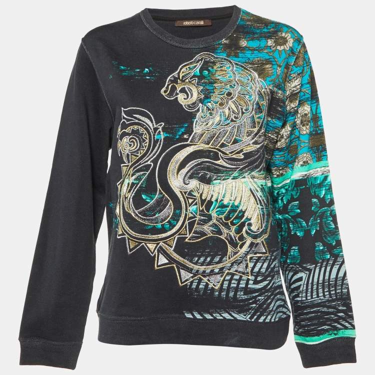 Pre Owned Roberto Cavalli Black Embroidered & Printed Cotton Sweatshirt M