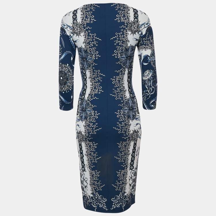 Pre Owned Roberto Cavalli Blue Printed Jersey Brooch Detail Midi Dress M