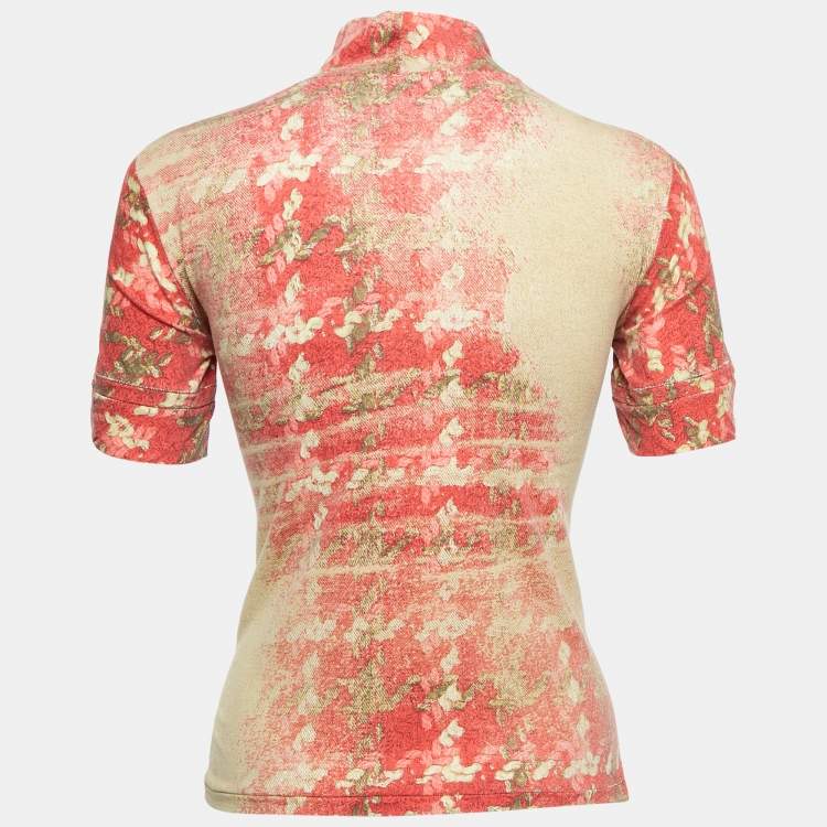 مملوكة مسبقًا Roberto Cavalli Red/Beige Floral Print Modal Jersey High Neck Top XS