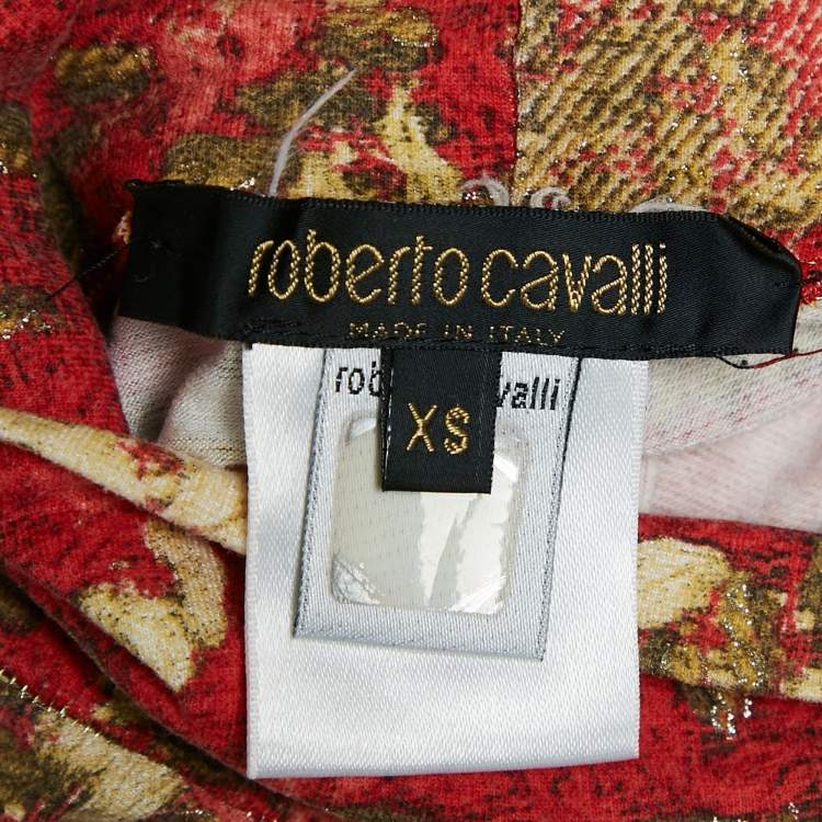 مملوكة مسبقًا Roberto Cavalli Red/Beige Floral Print Modal Jersey High Neck Top XS