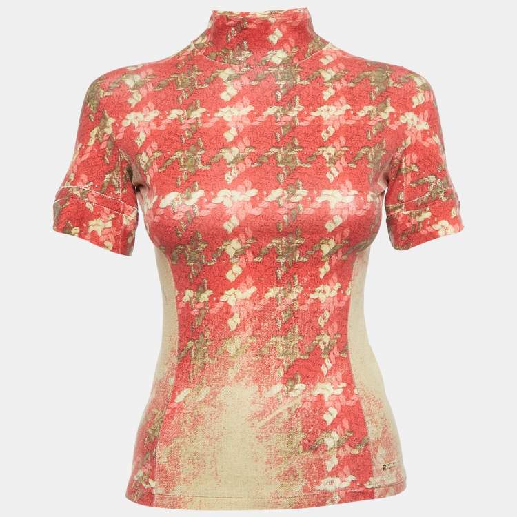 مملوكة مسبقًا Roberto Cavalli Red/Beige Floral Print Modal Jersey High Neck Top XS