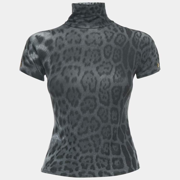 Pre Owned Roberto Cavalli Grey Leopard Print Modal Jersey High Neck Top S
