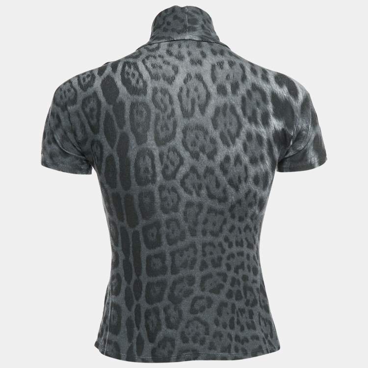 Pre Owned Roberto Cavalli Grey Leopard Print Modal Jersey High Neck Top S