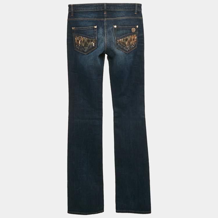 Pre Owned Roberto Cavalli Blue Denim Sequin Detail Pocket Wide Leg Jeans S Waist 27"
