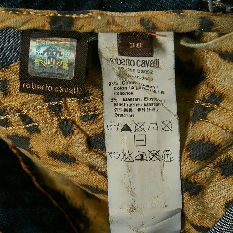Pre Owned Roberto Cavalli Blue Denim Sequin Detail Pocket Wide Leg Jeans S Waist 27"