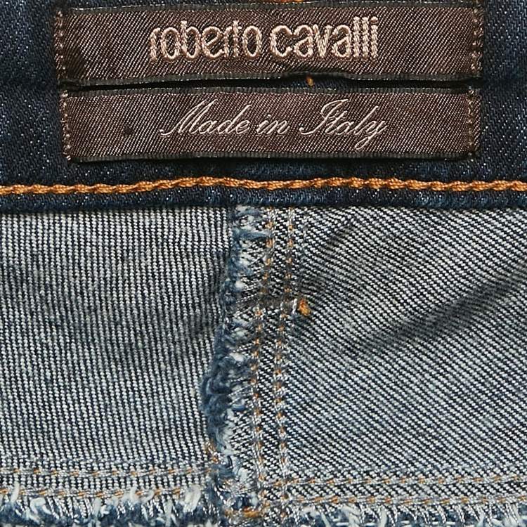 Pre Owned Roberto Cavalli Blue Denim Sequin Detail Pocket Wide Leg Jeans S Waist 27"