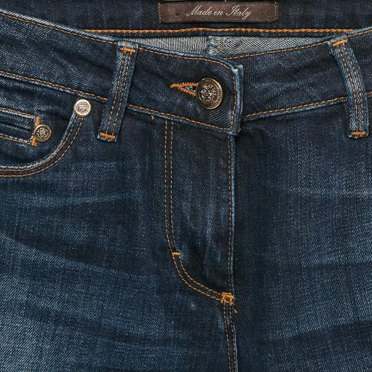 Pre Owned Roberto Cavalli Blue Denim Sequin Detail Pocket Wide Leg Jeans S Waist 27"