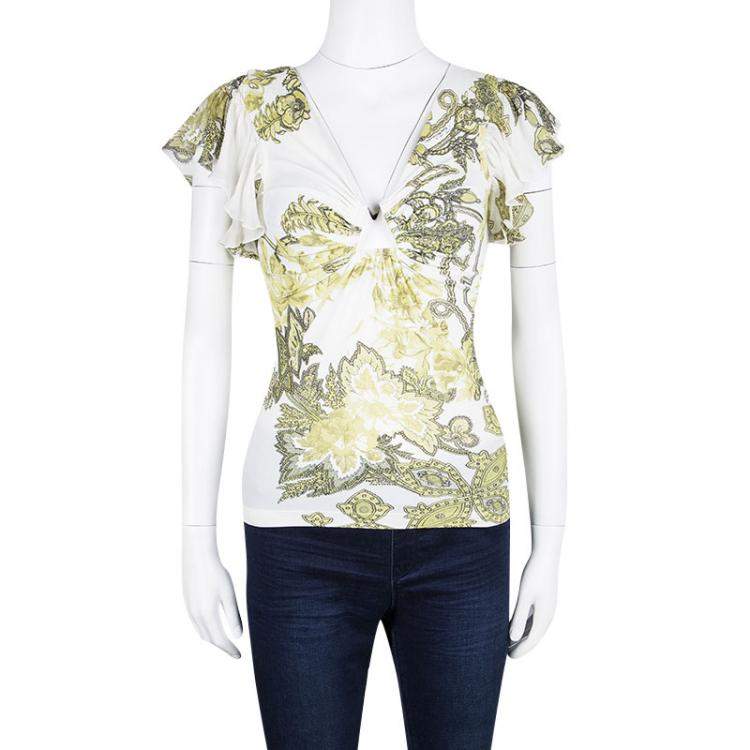 Pre Owned Roberto Cavalli White Floral Printed Ruffle Sleeve Detail Top S