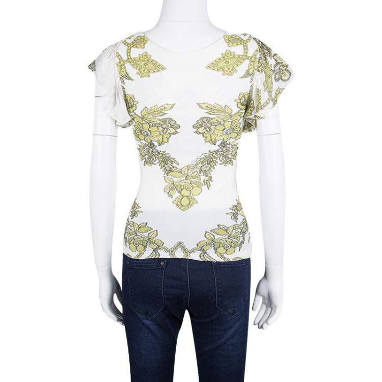 Pre Owned Roberto Cavalli White Floral Printed Ruffle Sleeve Detail Top S