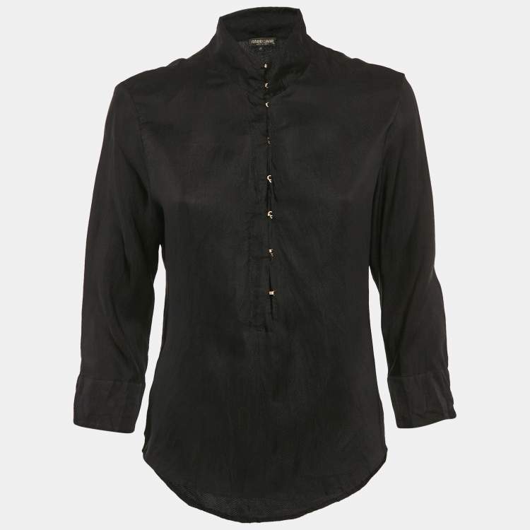 مملوكة مسبقًا Roberto Cavalli Black Crinkled Crepe Tunic Top S