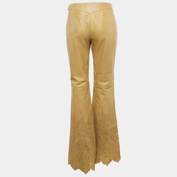 Pre Owned Roberto Cavalli Beige Leather Laser Cut-Work Detail Wide Leg Pants M