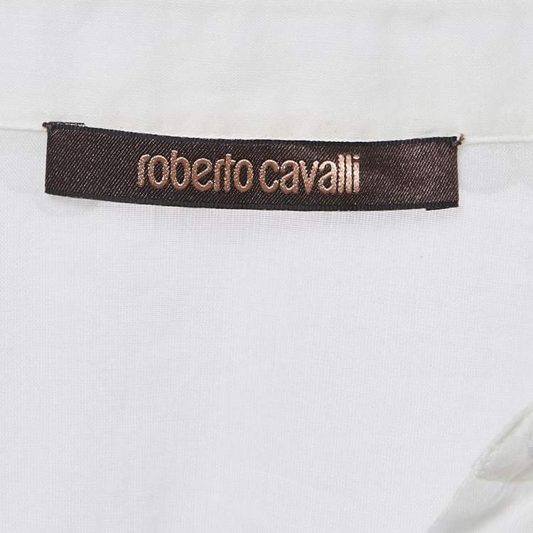 Pre Owned Roberto Cavalli Off-White Cambric Cotton Floral Lace Trimmed Blouse L