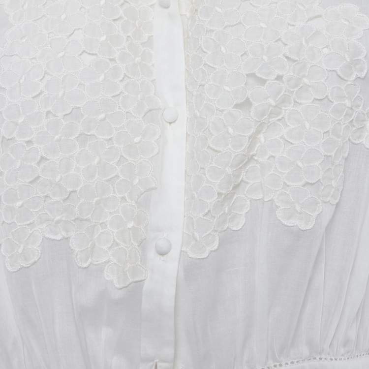 Pre Owned Roberto Cavalli Off-White Cambric Cotton Floral Lace Trimmed Blouse L