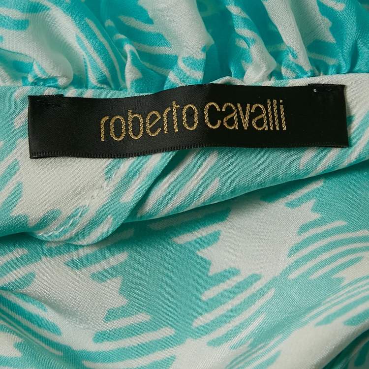 Pre Owned Roberto Cavalli Blue Printed Silk Halter Neck Brooch Detail Top L