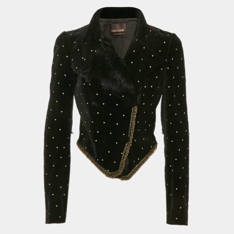 Pre Owned Roberto Cavalli Black Fur Trim Velvet  Embroidered Jacket S