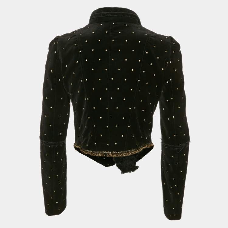 Pre Owned Roberto Cavalli Black Fur Trim Velvet  Embroidered Jacket S