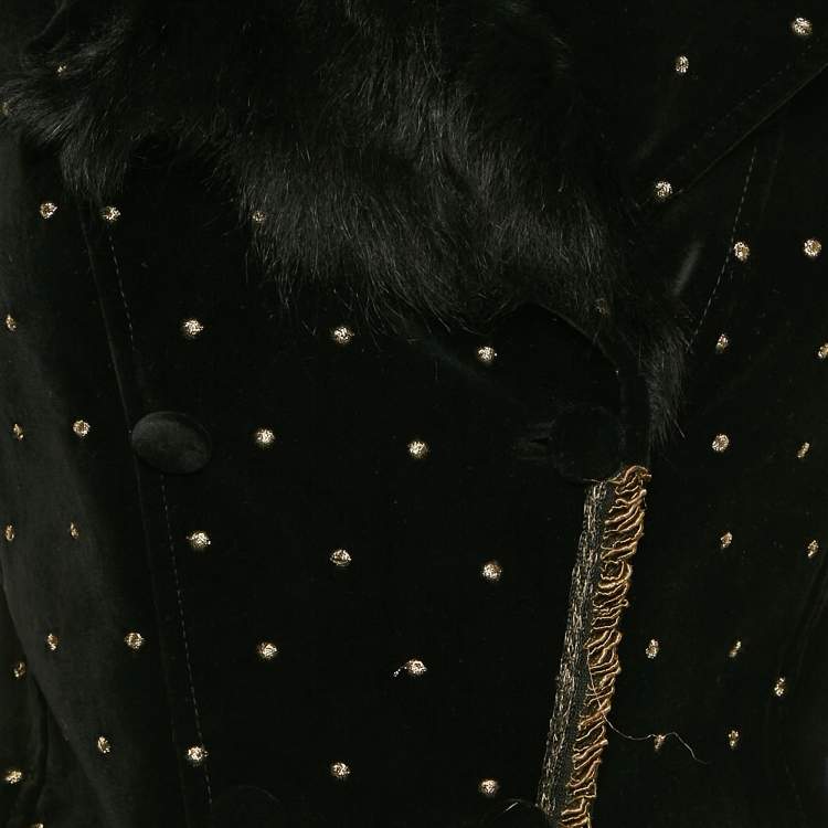 Pre Owned Roberto Cavalli Black Fur Trim Velvet  Embroidered Jacket S