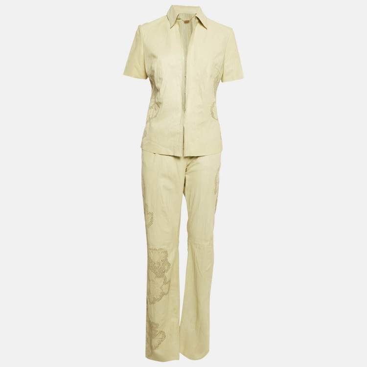 Pre Owned Roberto Cavalli Green Laser Cut Detail Leather Top and Pants Set M