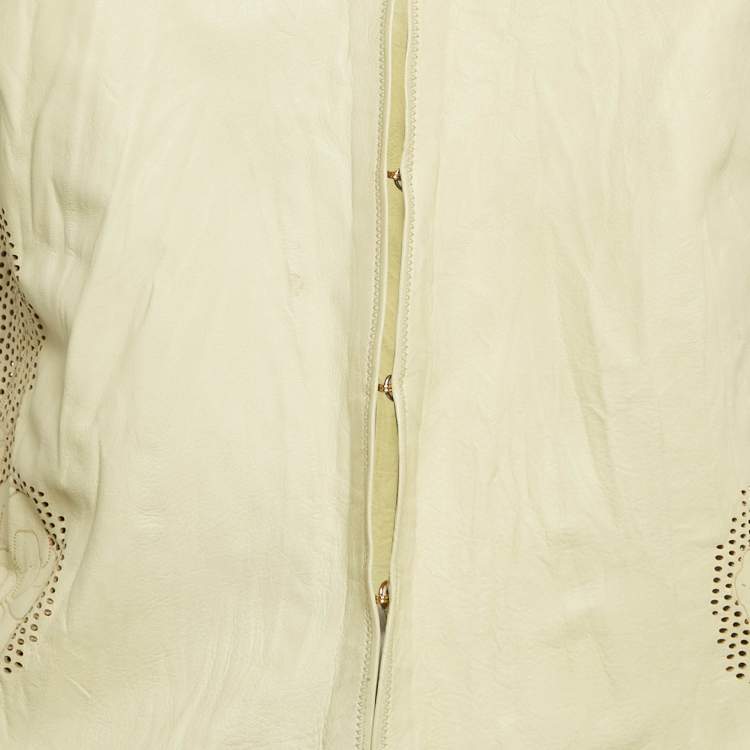Pre Owned Roberto Cavalli Green Laser Cut Detail Leather Top and Pants Set M
