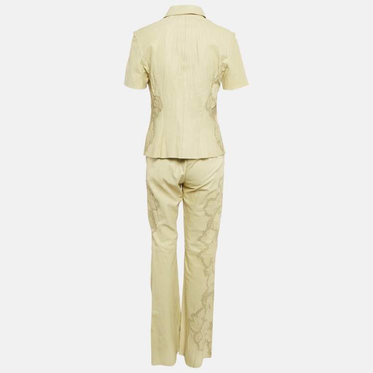 Pre Owned Roberto Cavalli Green Laser Cut Detail Leather Top and Pants Set M
