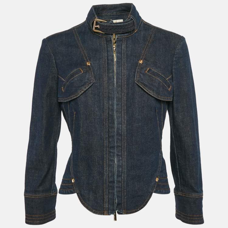 Pre Owned Roberto Cavalli Blue Denim Zip-Up Neck Belt Detail Jacket M