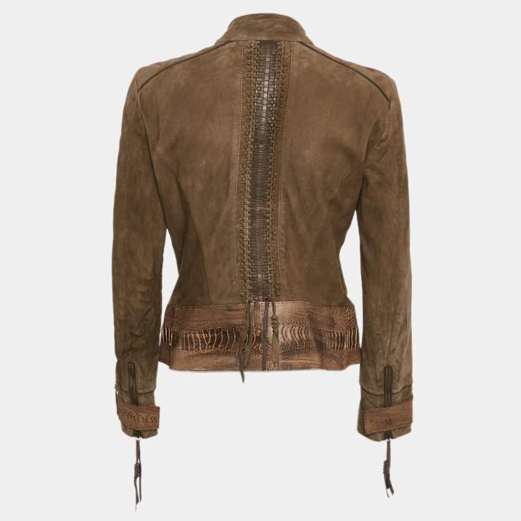 Pre Owned Roberto Cavalli Green Textured Leather and Suede Lace-Up Jacket M