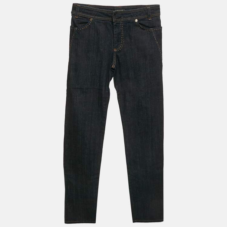 Pre Owned Roberto Cavalli Navy Blue Denim Embroidered Straight Leg Jeans S Waist 25"