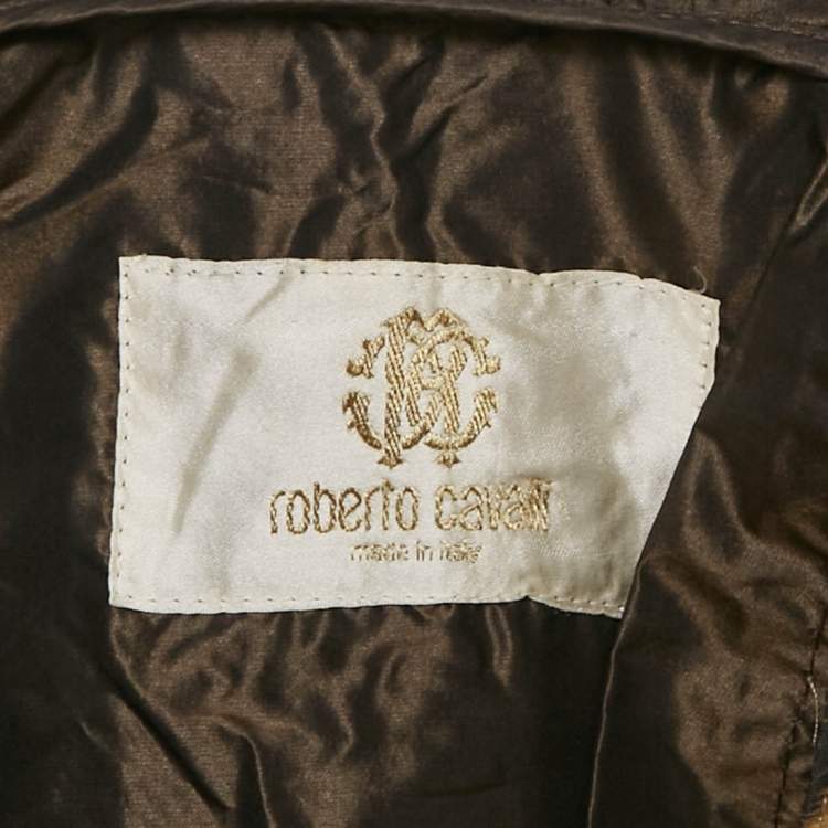 Pre Owned Roberto Cavalli Metallic/Brown Silk Ruffled Zip-Up Trench Coat M
