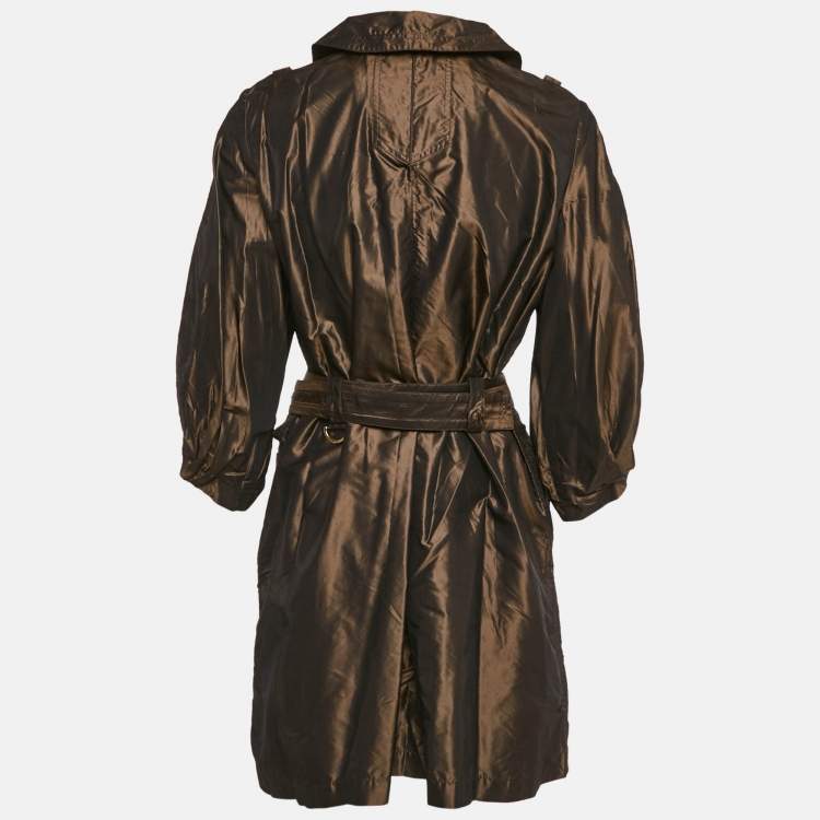 Pre Owned Roberto Cavalli Metallic/Brown Silk Ruffled Zip-Up Trench Coat M