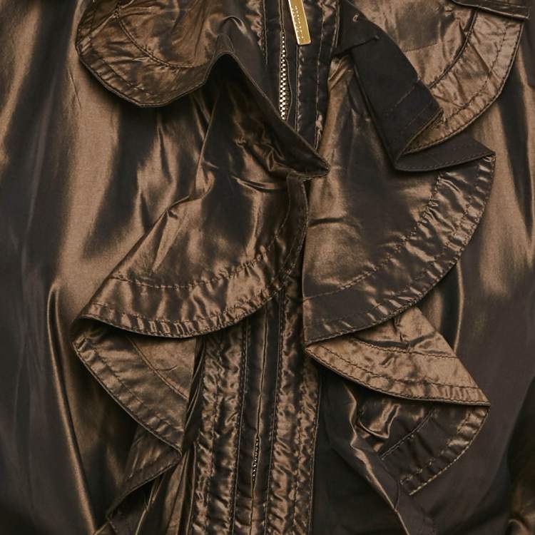 Pre Owned Roberto Cavalli Metallic/Brown Silk Ruffled Zip-Up Trench Coat M