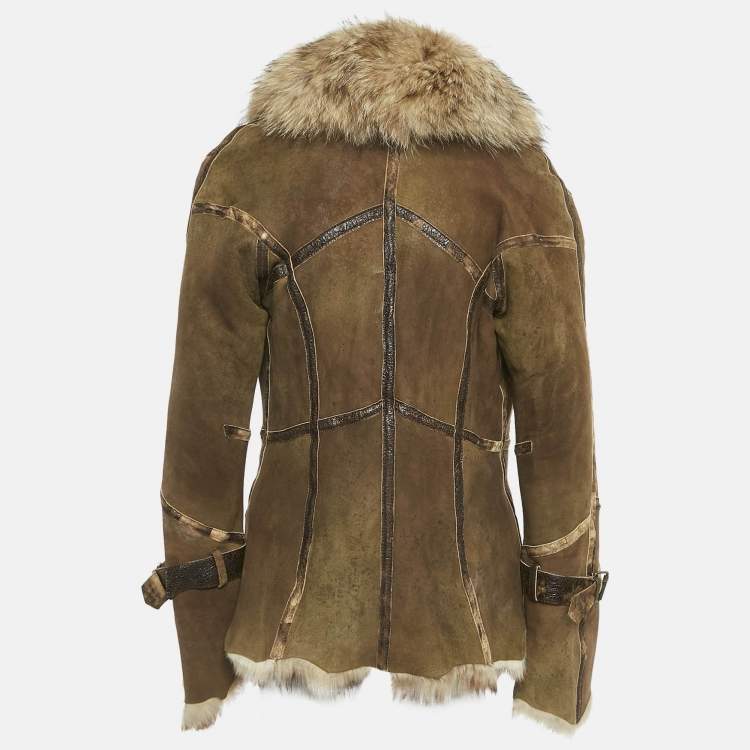 Pre Owned Roberto Cavalli Khaki Suede and Fox Fur Jacket S