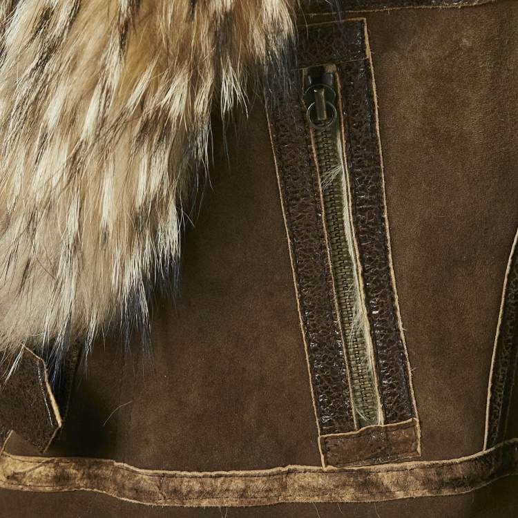 Pre Owned Roberto Cavalli Khaki Suede and Fox Fur Jacket S