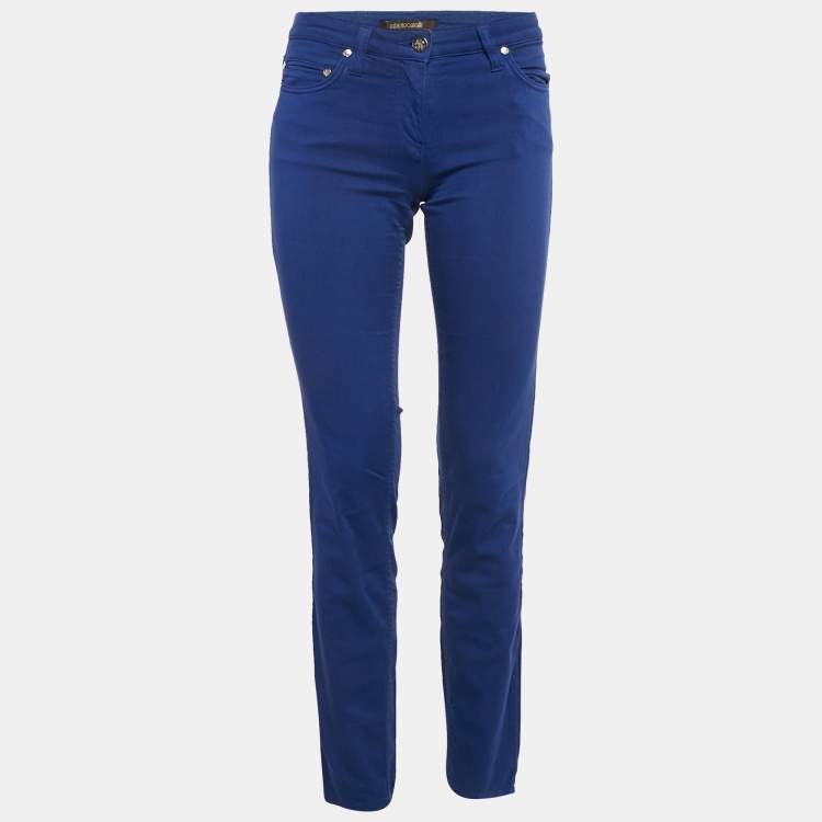 Pre Owned Roberto Cavalli Navy Blue Embroidered Denim Jeans S Waist 26"