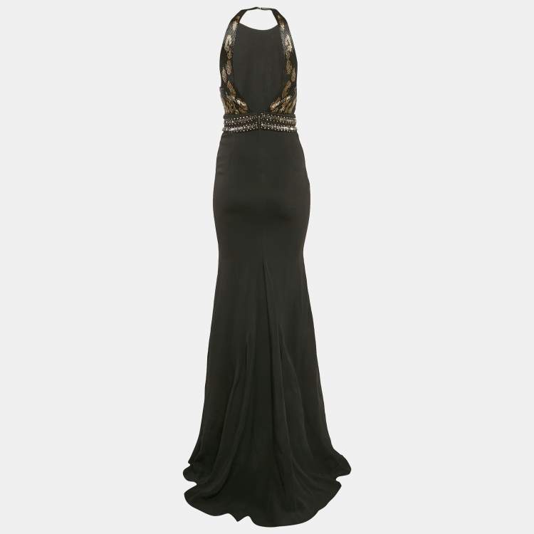 Pre Owned Roberto Cavalli Black Embellished Crepe Sleeveless Gown S