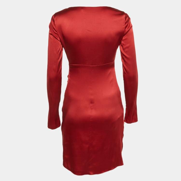 Pre Owned Roberto Cavalli Red Satin Silk Ruched Mini Dress S